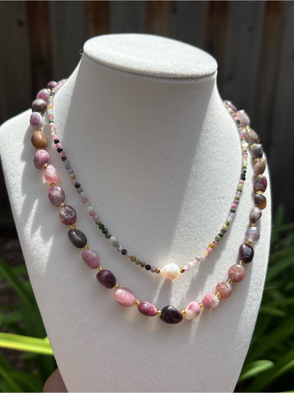 Multi-Tone Pink Tourmaline and Gold Bead Layered Necklace